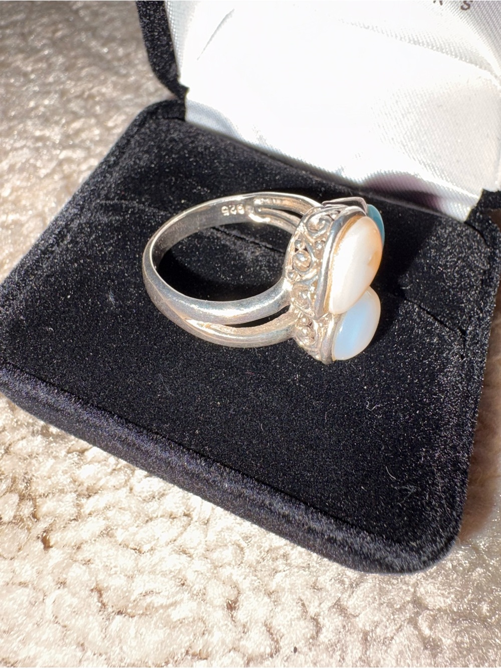 Pure 925 Sterling Silver Turquoise and White Opal Three-Stone Ring - Picture 7 of 8